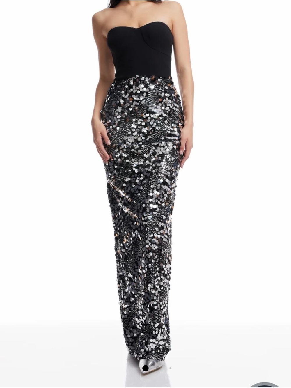 Dress the Population Black Strapless Gown with Silver Sequin Skirt